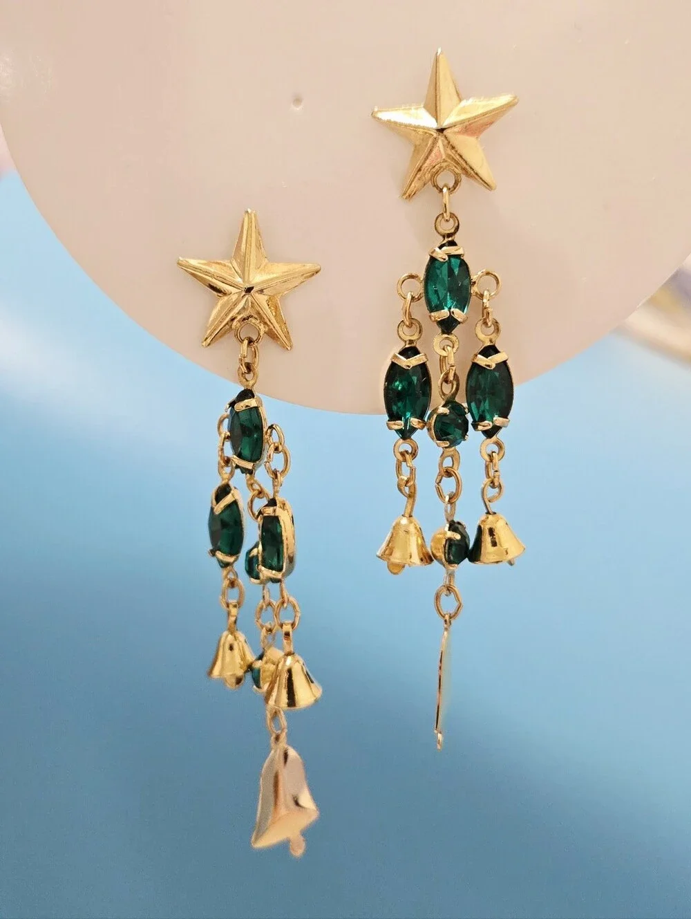 Vintage Gold Star Bells Drop Earrings with Green Rhinestones